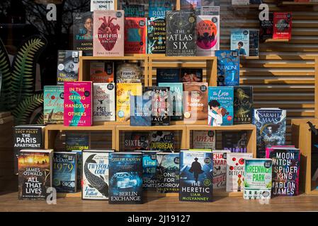 Eine Auswahl von Büchern über die Anzeige im Fenster von Waterstones Buchhandlung an der Princes Street, Edinburgh, Schottland, Großbritannien. Stockfoto