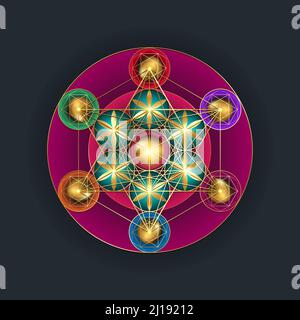 Metatrons Würfel, Blume des Lebens. Heilige goldene Geometrie. Mystische bunte Ikone platonische Körper Merkabah, abstrakte geometrische Zeichnung, Kornkreise Zeichen. Stock Vektor