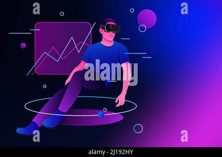 Wirtschaft in Metaverse. Datendiagramm, man in Goggles, Isometric Vector Illustration Stock Vektor