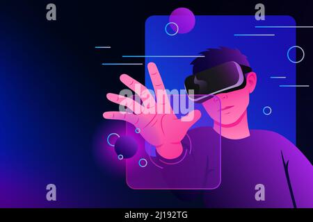 Metaverse Exploration. Alternative Realität. Mann in VR-Brille Webillustration. Vektorgrafik Stock Vektor