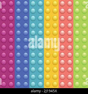 Nahtloses Muster mit trendigen Spiel Pop it, einfache Grübchen. Regenbogen-Fidget-Spielzeug. Farbenfroher Anti-Stress-Hintergrund. Doodle-Stil. Blasen knallen quadratisch Stock Vektor