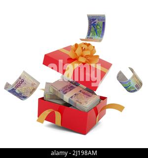 Stapel von 10000 westafrikanischen cfa-Franc-Dollarnoten in einer offenen roten Geschenkbox. cfa-Francs in einer Geschenkbox Stockfoto