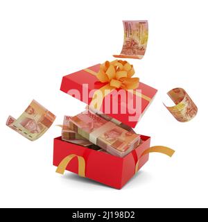 Indonesische Rupiah-Notizen in einer offenen roten Geschenkbox. Indonesische Rupiah in einem Geschenkkarton und herumfliegend. 3D Geldrendering in der Box isoliert Stockfoto