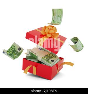 100-Euro-Scheine in einer offenen roten Geschenkbox. Euro im Inneren und um einen Geschenkkarton fliegen. 3D Wiedergabe von Geld in Box isoliert auf weißem Hintergrund Stockfoto