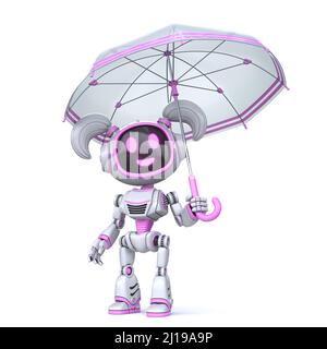 Niedliche rosa Mädchen Roboter halten Regenschirm 3D Rendering Illustration isoliert auf weißem Hintergrund Stockfoto