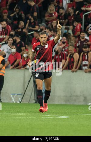 Curitiba, Brasilien. 23. März 2022. PR - Curitiba - 03/23/2022 - PARANAENSE 2022, ATHLETICO PR X CORITIBA - Athletico-PR-Spieler David Terans feiert sein Tor bei einem Spiel gegen Coritiba im Stadion Arena da Baixada zur Paranaense-Meisterschaft 2022. Foto: Robson Mafra/AGIF/Sipa USA Quelle: SIPA USA/Alamy Live News Stockfoto