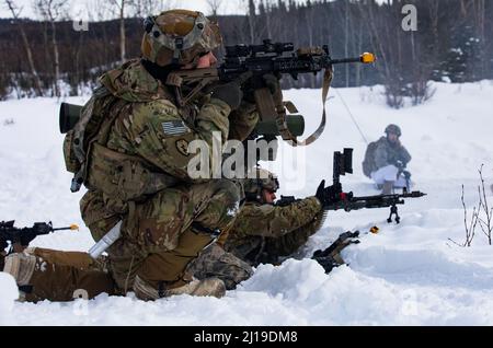 Soldaten der US-Armee, die zu 3. Bataillon, 21. Infanterie-Regiment, 1. Stryker Brigade Combat Team, 25. Infanterie Division, US Army Alaska gehören, öffnen das Feuer während einer Feldübung, bei der sie sich mit feindlichen Truppen zur Unterstützung des Joint Pacific Multinary Readiness Center 22-02 in der Nähe von Ft. Greely, AK, 22. März 2022. Die im JPMRC durchgeführten Teamübungen validieren Taktiken, Techniken und Verfahren, die für die Soldaten erforderlich sind, um in regionalen Gebieten zu operieren. (USA Foto der Armee-Nationalgarde von SPC. Marc Marmeto). Stockfoto