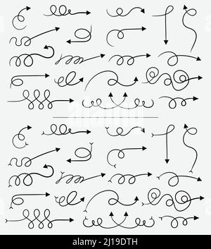 Vektorset, handgezeichnet, Doodle-Pfeile. Sammlung von wirbelnden Pfeilen. Stock Vektor