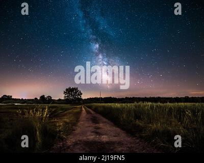 Ein atemberaubender Blick auf einen sternenklaren blauen und purpurnen Himmel über einem Pfad in einem Feld in Deutschland mit Silhouetten von Bäumen im Hintergrund Stockfoto