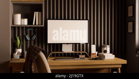 Moderne, moderne Arbeitsraumausstattung mit Computer, weißem Bildschirm und Accessoires auf Holztisch an moderner Holzlattenwand. 3D Rendern, 3 Stockfoto