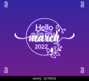 Hallo März Typografie Text isoliert Kreis floralen Rahmen auf schwarzem Hintergrund Stock Vektor