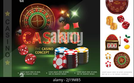 Realistisches Casino-Konzept mit Poker-Chips dices Spielkarten passt Roulette Goldmünzen Slot Maschine Kirsche Zitrone Vektor Illustration Stock Vektor