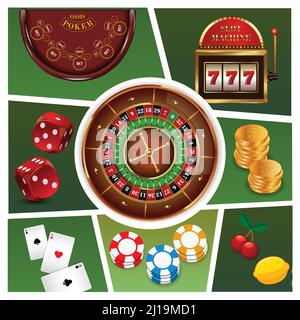 Realistische Casino-Elemente Zusammensetzung mit Roulette-slot-Maschine Goldmünzen Poker Chips spielen Karten Würfel isoliert Vektor-Illustration Stock Vektor