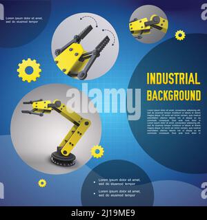 Realistische industrielle bunte Vorlage mit mechanisch automatisierten Roboterarmen und Manipulatoren Vektordarstellung Stock Vektor