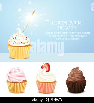 Farbige realistische Geburtstagskarte mit einigen isolierten Cupcakes und bengalen Vektorgrafik hellblau auf hellblauem Hintergrund Stock Vektor