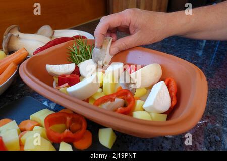 Süddeutsche Küche, Gemüse aus dem RÖMERTOPF zubereiten, Pilze in RÖMERTOPF geben, Kräuterpilze, Karotten, rote Paprika, Menschenhand, Ge Stockfoto