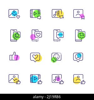 Symbole für die Interaktion mit sozialen Medien. „Gefällt mir“, „Daumen hoch“, „Speichern“, „Emoji“, „Posten“ und „Teilen“. Video, Foto, Benutzer. Pixelperfekte, bearbeitbare, lustige Farbsymbole mit Konturen Stock Vektor