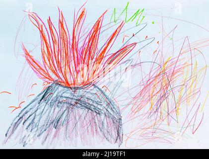 Illustration, Kinderzeichnung, Vulkanausbruch mit roter Lava Stockfoto