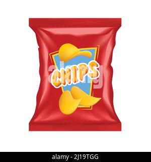 Realistische rote Chips Paket mit Snack-Label isoliert mit Schatten Und hebt Vektordarstellung hervor Stock Vektor