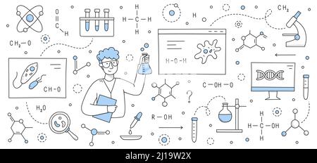 Mann Wissenschaftler im Labor, Wissenschaft Forschung Ausrüstung, DNA-Molekül und chemische Formeln Doodle Hintergrund. Vektor Handgezeichnete Illustration von Technologien der Chemie, Biologie, medizinischen Tests Stock Vektor