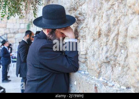 Ein jüdischer orthodoxer Mann, der an der Westmauer (Klagemauer) in Jerusalem, Israel, dem Nahen Osten und Asien betet Stockfoto