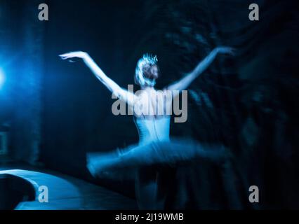 Die Hauptballettänzerin, die während der Aufführung des Schwanensee von Tschaikovskys in St. Petersburg, Russland, Osteuropa auf der Bühne fliegt Stockfoto