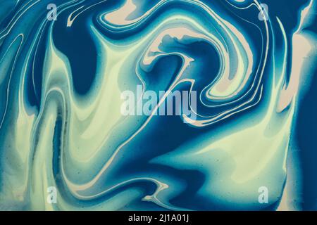 Abstrakte flüssige Kunst Hintergrund marineblau und türkis Farben. Flüssiger Marmor. Acrylmalerei auf Leinwand mit Saphirgradienten und Spritzer. Stockfoto