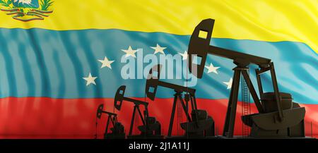 Öl- und Gasproduktion in Venezuela. Pumpjack bohrt auf venezolanischer Flagge Hintergrund. Erdölbrennstoffindustrie im Land. 3D Rendern Stockfoto