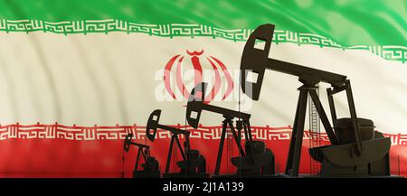 Öl- und Gasproduktion im Iran. Pumpjack-Bohrungen auf iranischer Flagge Hintergrund. Erdölbrennstoffindustrie im Land. 3D Rendern Stockfoto