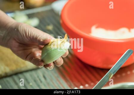 Nahaufnahme einer Köchin in der Küche am Waschbecken, die die Haut mit einem Messer von einer Zwiebel abschält, Deutschland Stockfoto