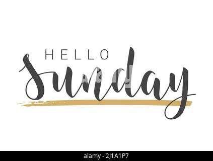 Vektorgrafik. Handgeschriebener Schriftzug von Hello Sunday. Vorlage für Banner, Einladung, Party, Postkarte, Poster, Print, Sticker oder Web Product. Stock Vektor