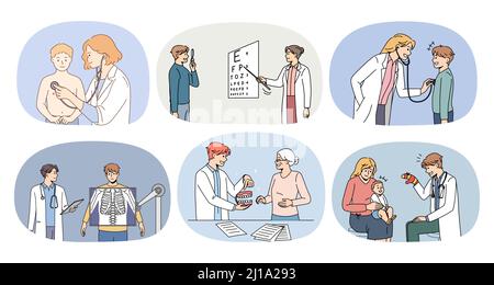 Sammlung von verschiedenen Ärzten heilen Patienten in privaten oder öffentlichen Krankenhäusern. Ein Satz von Therapeuten oder medizinischem Personal hilft kranken Menschen in der Klinik. Gesundheitswesen und Medizin. Vektorgrafik. Stock Vektor