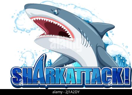 Shark Attack Schrift-Logo mit Cartoon aggressive Shark Illustration Stock Vektor