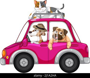 Hunde und Katzen fahren ein Auto auf weißem Hintergrund Illustration Stock Vektor