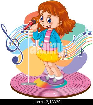 Sängerin Mädchen Cartoon mit Musik Melodie Symbole Illustration Stock Vektor