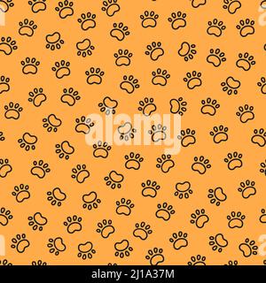 Nahtloses Hundemuster mit Pfotenabzügen. Katzenfußstruktur. Muster mit doggy Pawprints. Orangefarbene Hundetextur. Handgezeichnete Vektorgrafik in Doodle Stock Vektor