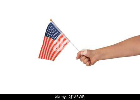 Weibliche Hand mit amerikanischer Flagge, isoliert auf weißem Hintergrund Stockfoto