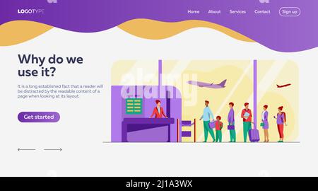 Vektorgrafik für Warteschlangen am Flughafen. Schlange von Touristen, die am Check-in-Schalter stehen. Fluggäste, die im Abflugbereich auf das Einsteigen in das Flugzeug warten Stock Vektor