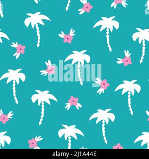 Palmen Hibiscus Blumen nahtlose Vektor Hintergrund. Weiße Palmenumrisse, wiederholendes Muster auf blaugrün-pink. Pinkfarbener Blumenschmuck Stock Vektor