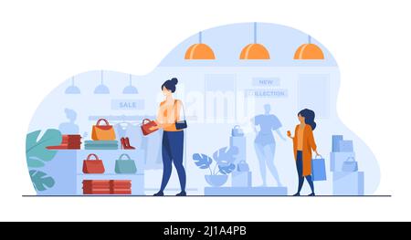 Weibliche Kunden einkaufen im Bekleidungsgeschäft. Frauen wählen Kleidungsstücke, Mode-Accessoires zum Verkauf in der Boutique. Vektorgrafik für Einzelhandelsgeschäft, märz Stock Vektor