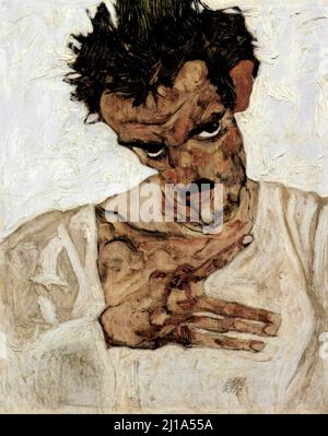 Egon Schiele - Selbstporträt mit gesenktem Kopf und ungewöhnlicher gezogener Fingerbewegung - 1912 Stockfoto