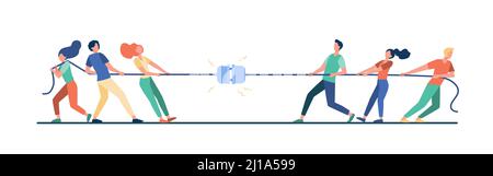 Gruppen von Menschen ziehen Seil in Tauziehen spielen. Kämpfende Teams, die miteinander konkurrieren. Vektor-Illustration für Spiel, Wettbewerb, Wettbewerb, confr Stock Vektor