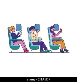 Fluggäste, die mit dem Flugzeug reisen, flache Vektorgrafik. Reisende, die in der Nähe des Flugzeugfensters sitzen und auf eine Flugreise warten. Fluglinie, Tourismus und Reise Stock Vektor