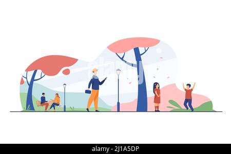 Menschen genießen Kirschbaumblüte Saison im Park. Kinder und Erwachsene wandern an entzückenden Sakura-Bäumen mit rosa Blüten. Vektorgrafik für Stock Vektor