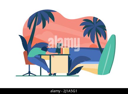 Müder Büroangestellter schläft am Arbeitsplatz und träumt vom Meeresstrand mit Surfbrett. Vektor-Illustration für Burnout, Urlaub, Reise, Urlaub con Stock Vektor
