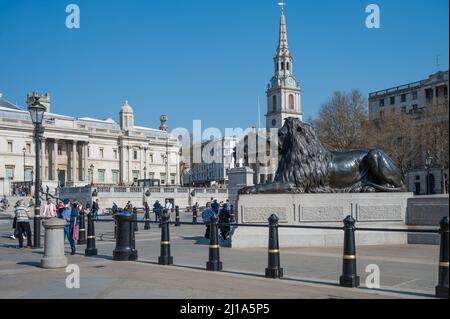 Menschen, die einen sonnigen Frühlingstag auf dem Trafalgar Square, London, England, Großbritannien, genießen möchten. Stockfoto