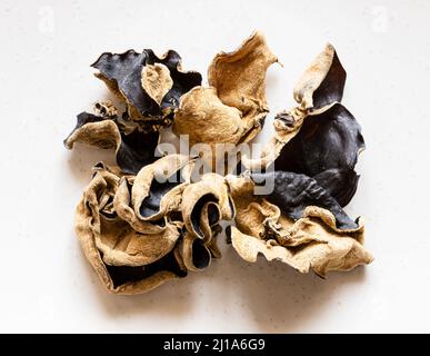 Mehrere getrocknete chinesische schwarze Holz-Ohrpilze auf grauer Platte aus nächster Nähe Stockfoto