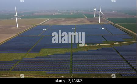 Turves, Großbritannien. 23. März 2022. Die Sonne scheint auf den Solarzellen auf diesem Solarpark in der Nähe von Turves, Cambridgeshire, Großbritannien, die Energie für Energieunternehmen bereitstellen. Kredit: Paul Marriott/Alamy Live Nachrichten Stockfoto