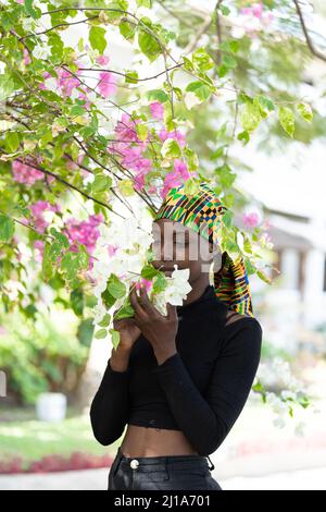 Charmante junge Afrikanerin streichelt sanft die zarten Blüten einer Bougainvillea-Pflanze, Symbol für Romantik, Harmonie und Zärtlichkeit Stockfoto