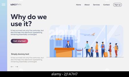 Vektorgrafik für Warteschlangen am Flughafen. Schlange von Touristen, die am Check-in-Schalter stehen. Fluggäste, die im Abflugbereich auf das Einsteigen in das Flugzeug warten Stock Vektor